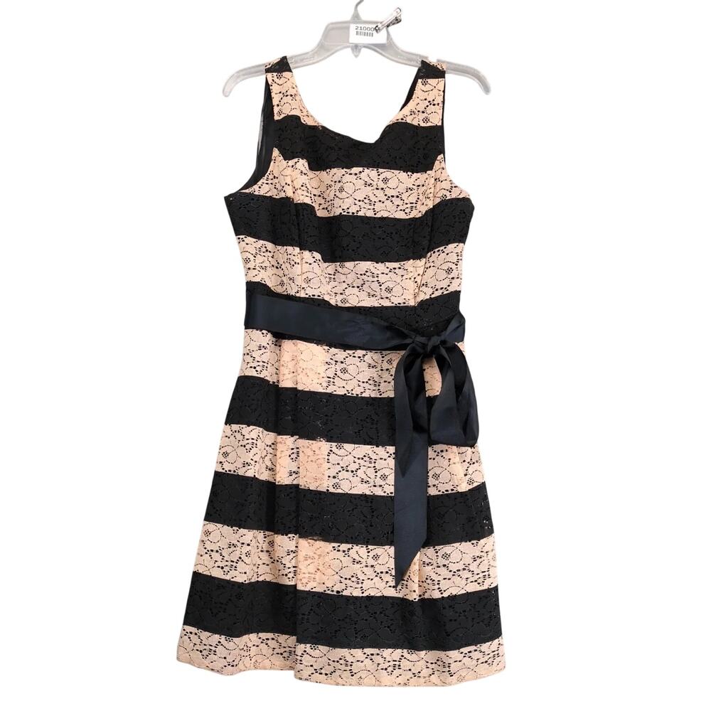 Signature by Robbie Bee Striped Black & Peach Lace Fit & Flare Dress Sz‎ 14 Chic